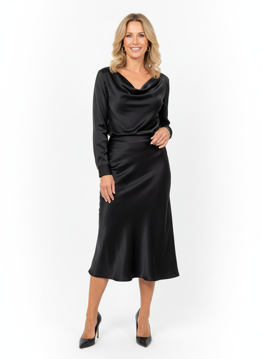 Zwarte satijnen midi-rok – elegante damesrok met glanzende stof en vloeiende pasvorm.