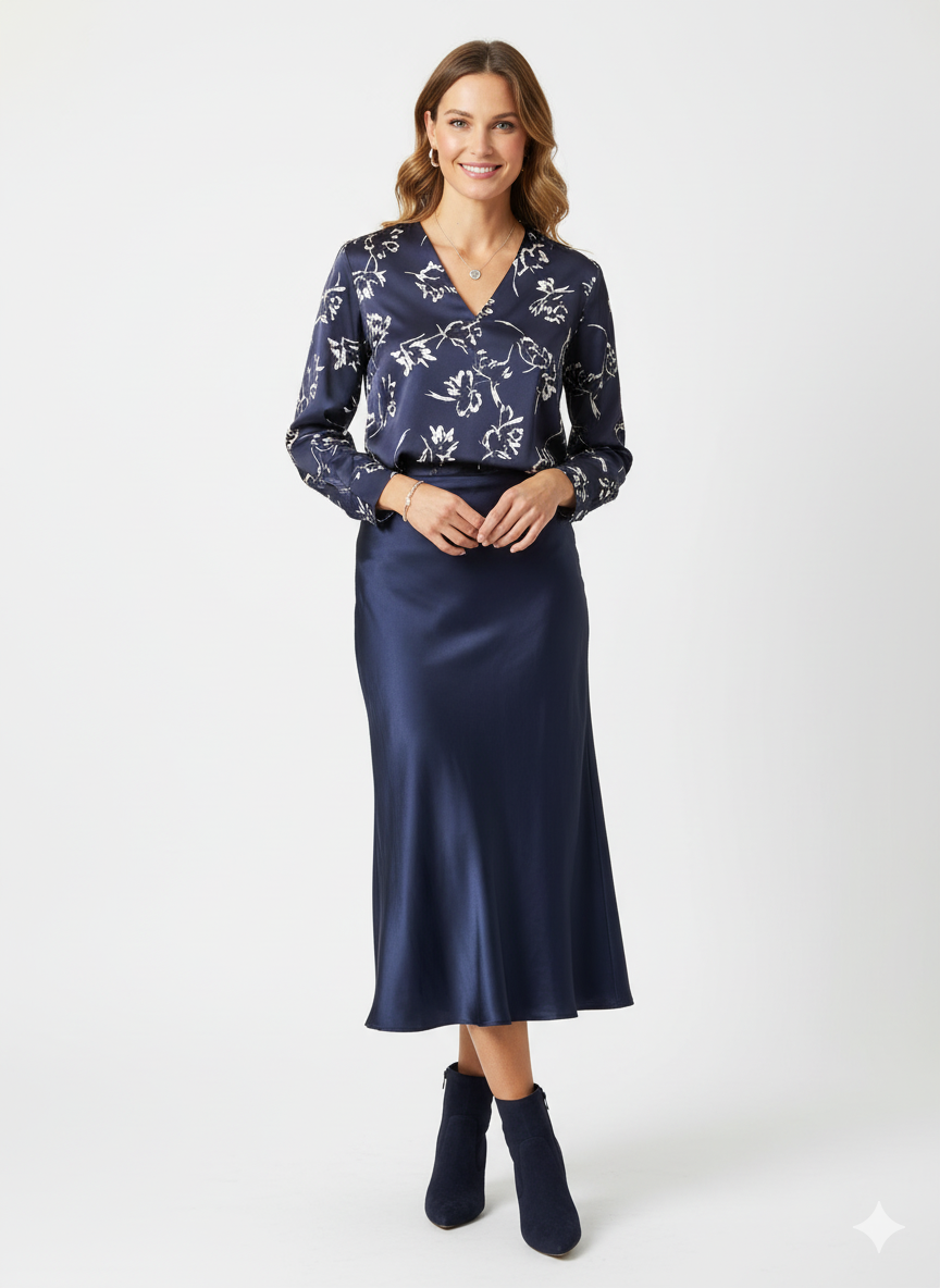 Donkerblauwe satijnen midi-rok – elegante damesrok met glanzende afwerking en vloeiende pasvorm.