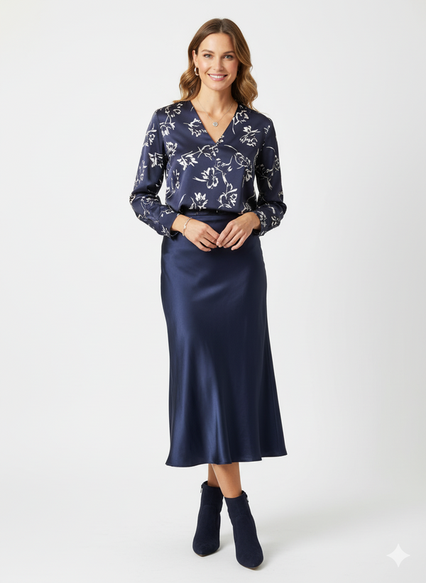 Donkerblauwe satijnen midi-rok – elegante damesrok met glanzende afwerking en vloeiende pasvorm.