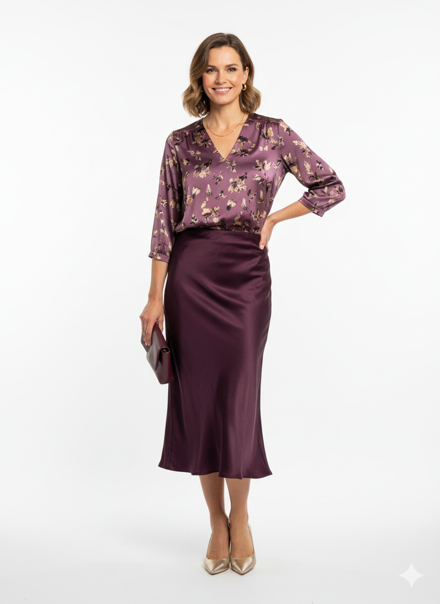 Bordeaux satijnen midi-rok – elegante damesrok met glanzende stof en vloeiende pasvorm.