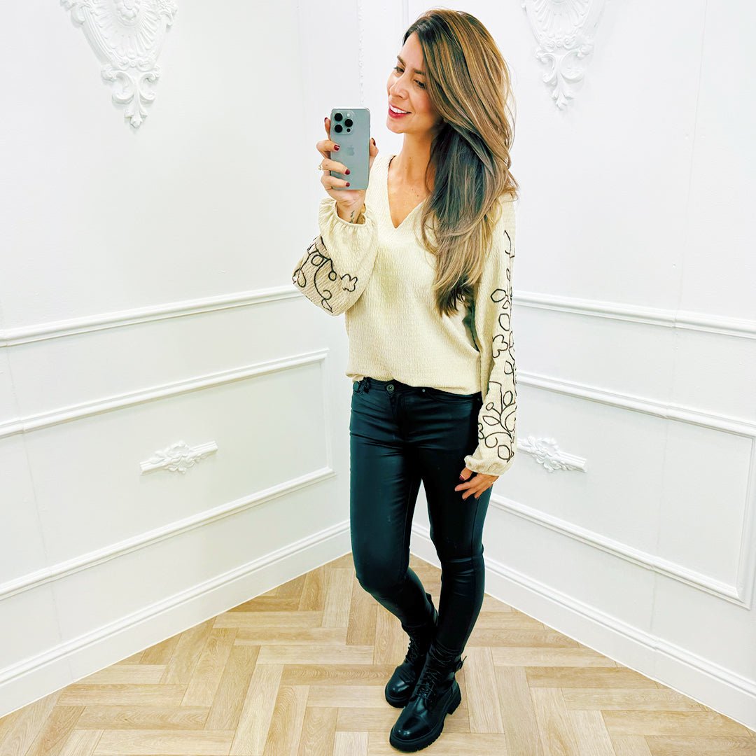 Smocked Blouse Detail Beige - BlushFashionstore