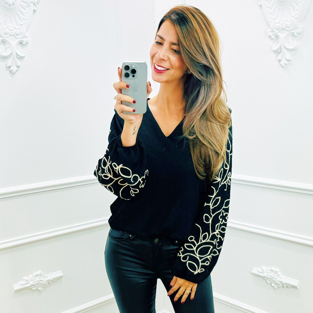 Smocked Blouse Detail Zwart - BlushFashionstore