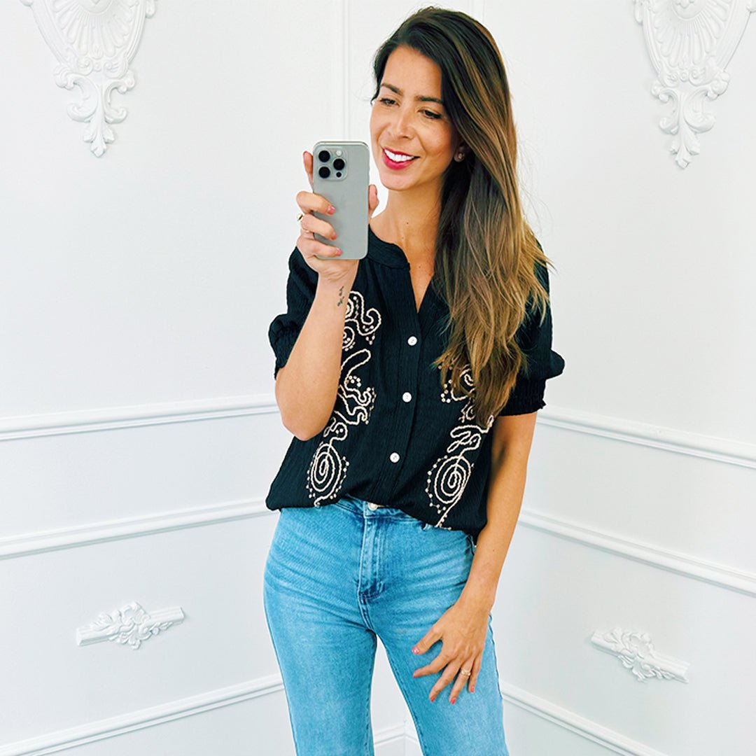 Smocked Top Detail Zwart - BlushFashionstore