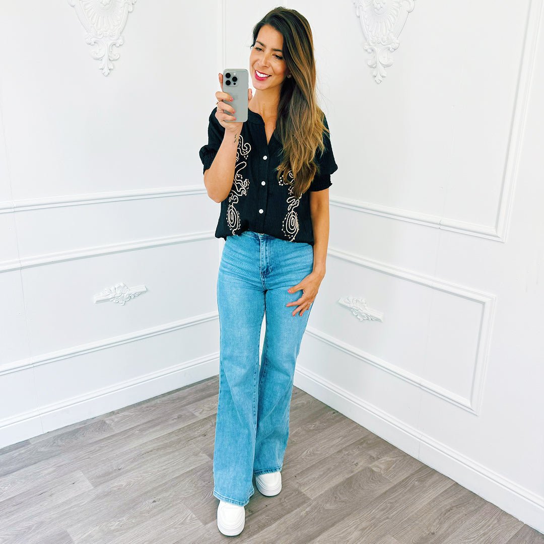 Smocked Top Detail Zwart - BlushFashionstore