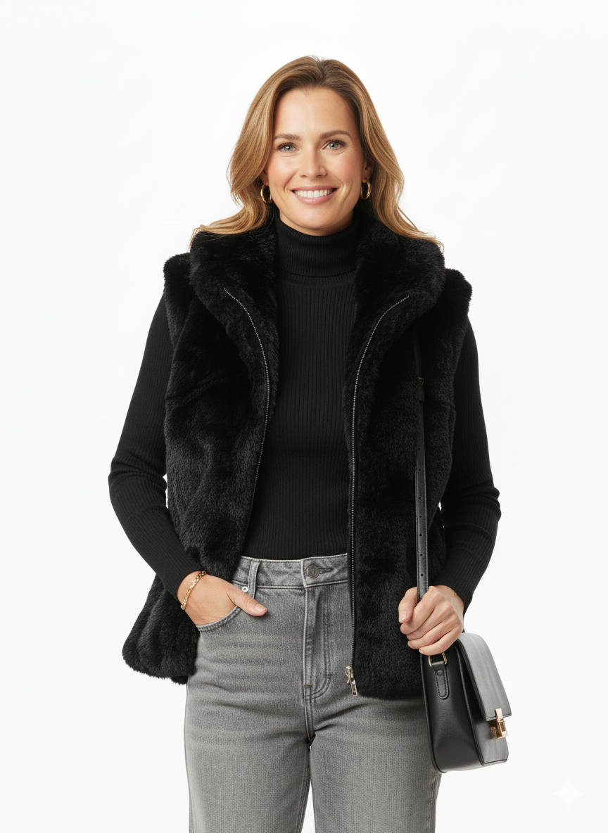 Model draagt zwarte luxe faux fur bodywarmer – zachte damesbodywarmer met opstaande kraag.