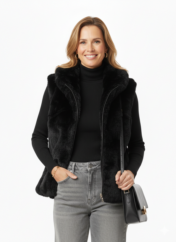 Model draagt zwarte luxe faux fur bodywarmer – zachte damesbodywarmer met opstaande kraag.