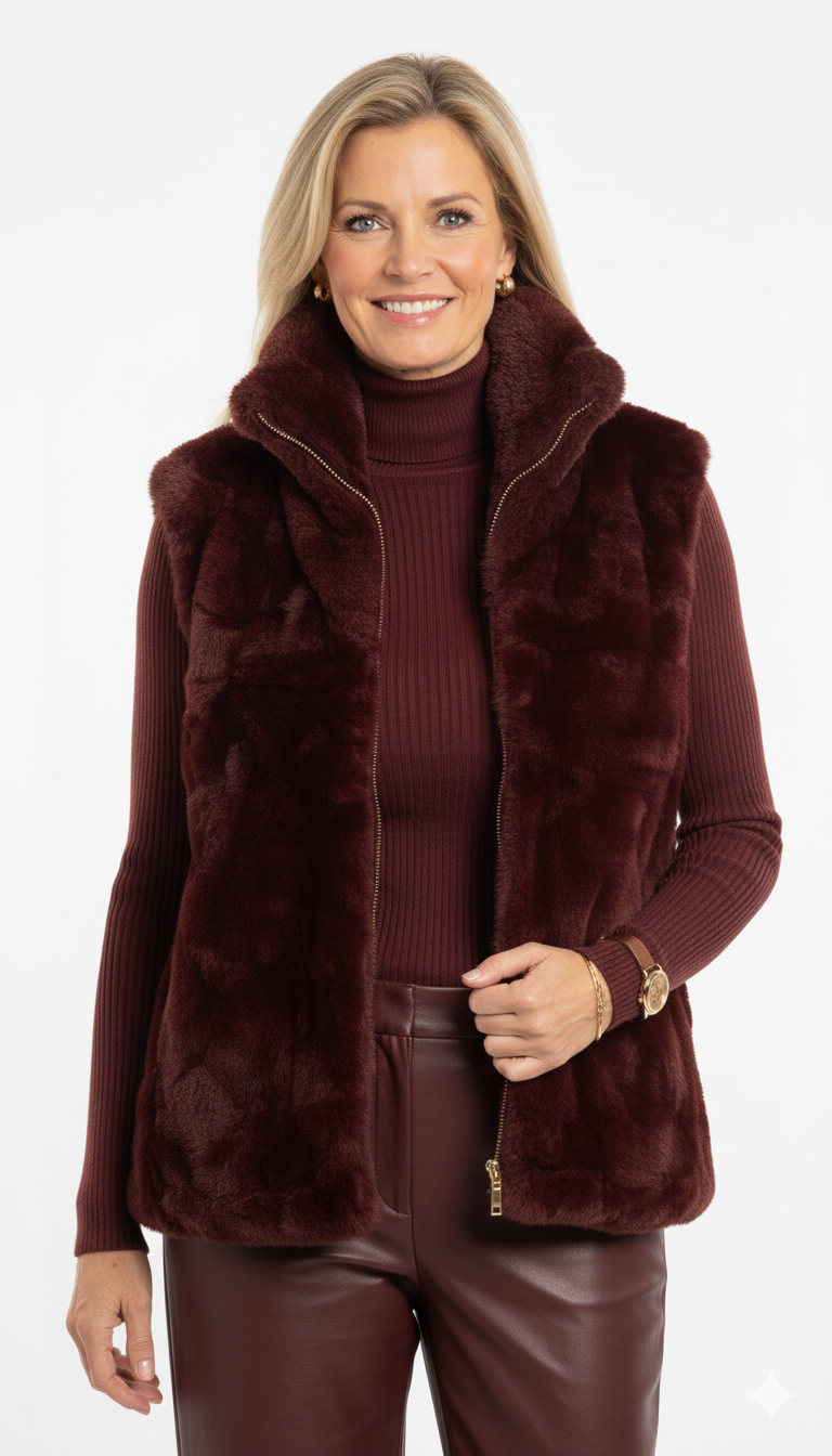 Model draagt bordeaux faux fur bodywarmer – zachte luxe damesbodywarmer met opstaande kraag.
