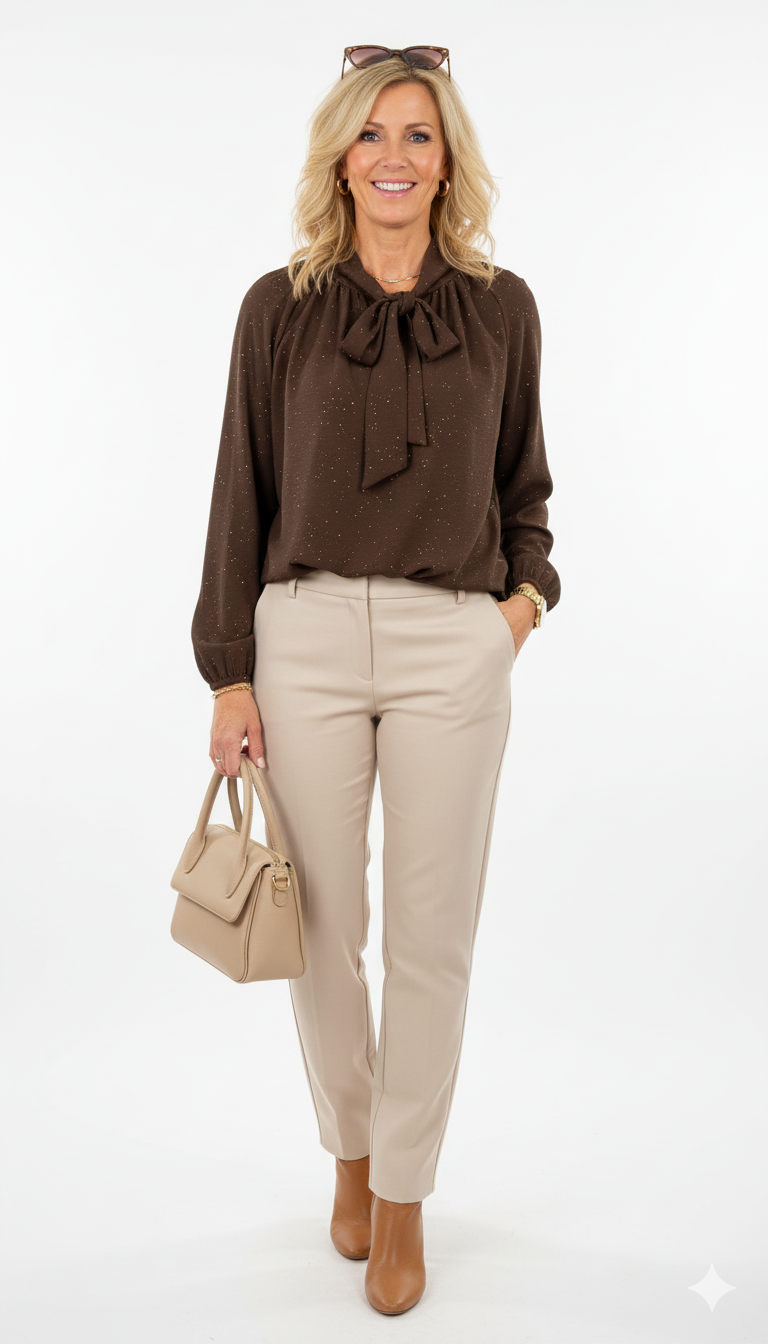 Donkerbruine Blouse met Strik – Elegante Damesblouse met Subtiele Glitter