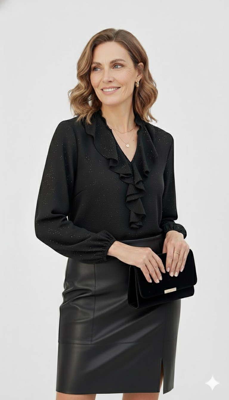 Model draagt een zwarte glitterblouse met ruches van Blushfashionstore, gecombineerd met subtiele gouden sieraden.