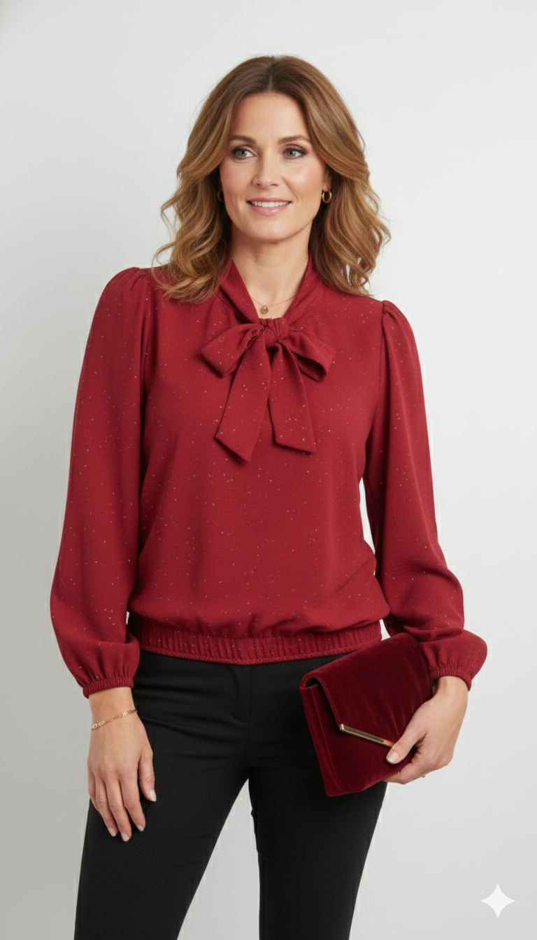 Model draagt een rode glitterblouse met strik van Blushfashionstore, gecombineerd met een zwarte broek en een rode velvet clutch.