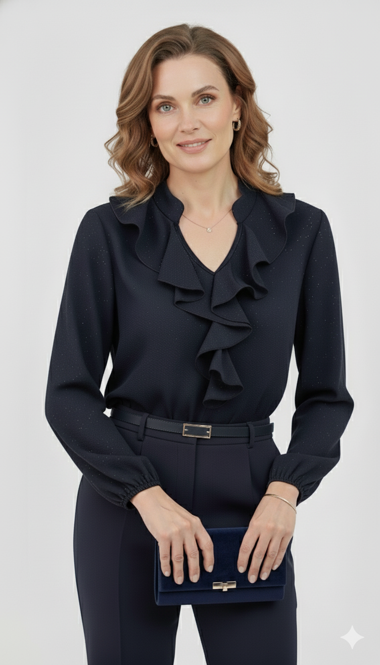 Model draagt een donkerblauwe glitterblouse met ruches van Blushfashionstore, gecombineerd met een bijpassende pantalon en subtiele sieraden.