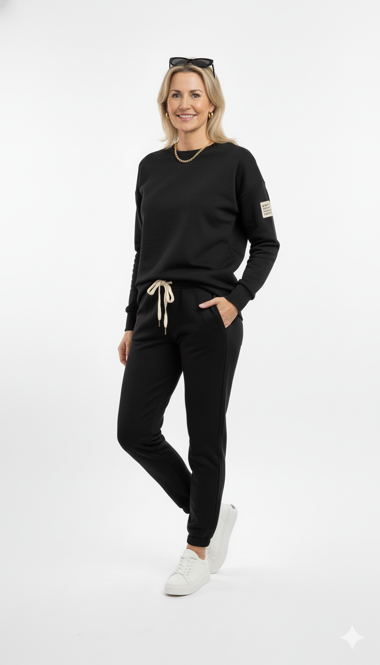 Vrouw draagt zwart joggingpak – stijlvolle dames loungewear set met sweater en broek met trekkoord, gecombineerd met witte sneakers.