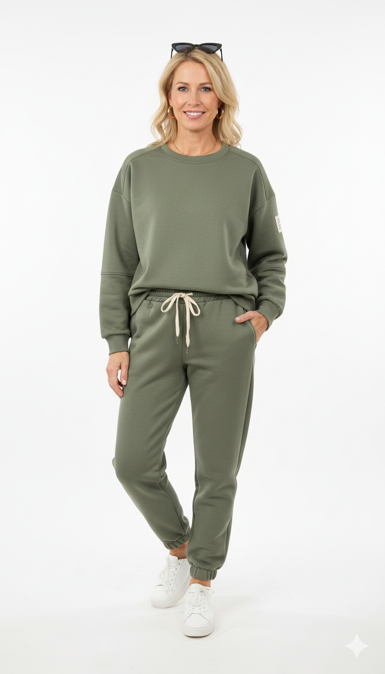 Vrouw draagt groen joggingpak comfortabele dames loungewear set met sweater en broek met trekkoord.
