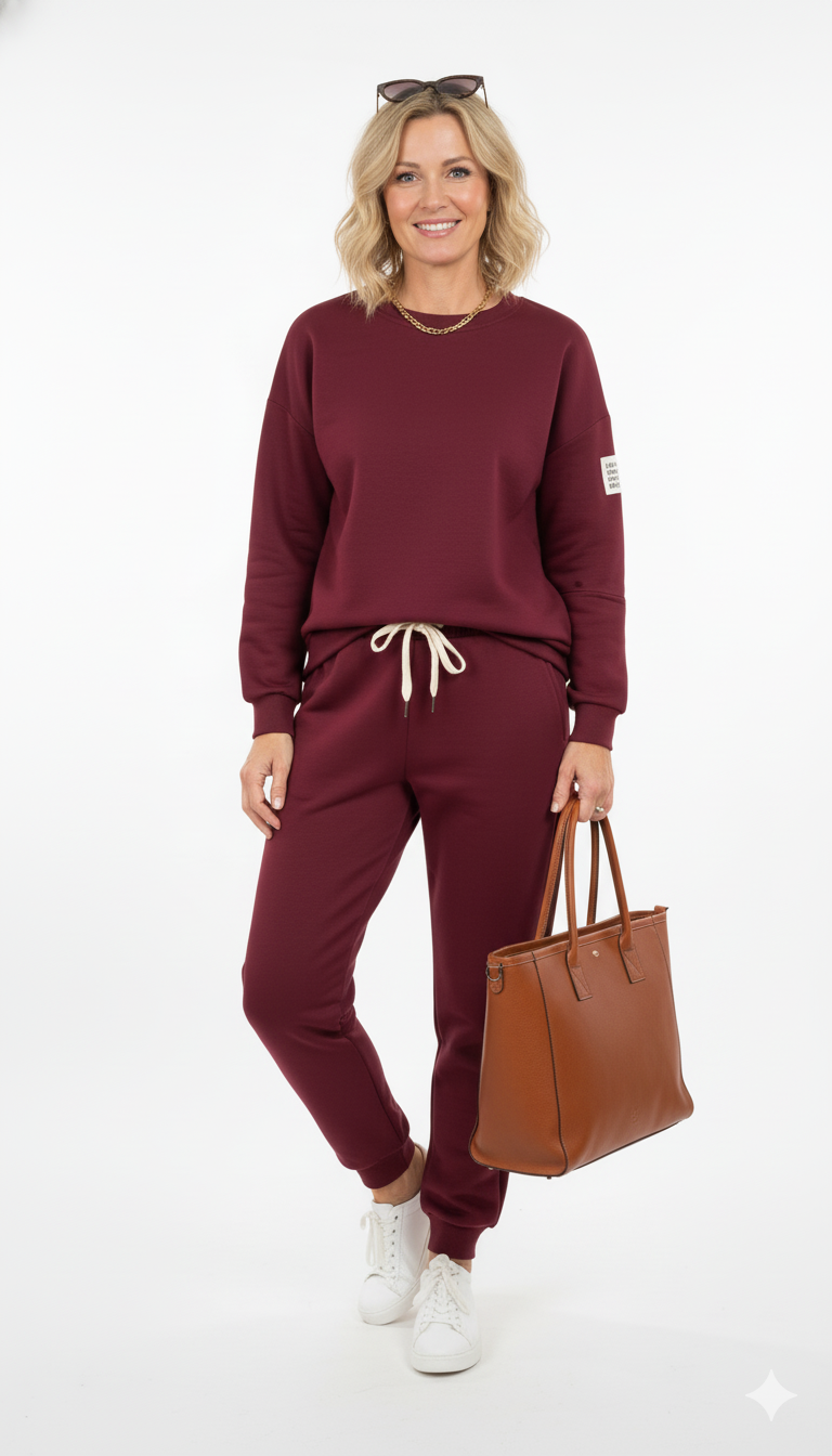Vrouw draagt bordeaux joggingpak met sweater en broek – comfortabele dames lounge set met witte sneakers en bruine tas.