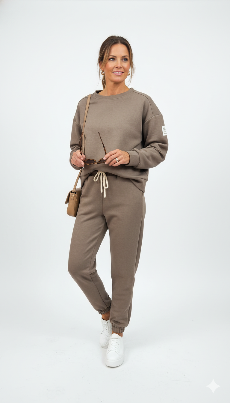 Vrouw draagt taupe joggingpak met sweater en broek – comfortabele dames lounge set met witte sneakers.