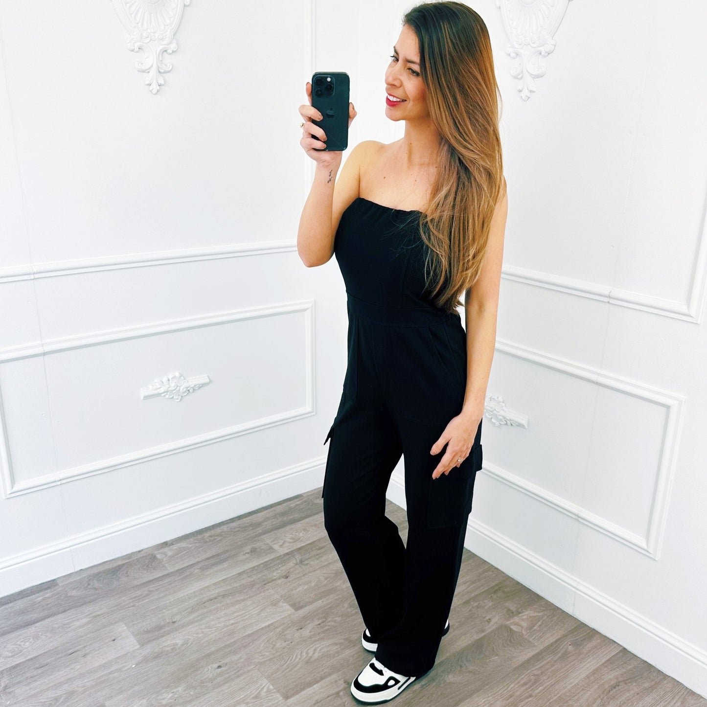 Strapless Cargo Jumpsuit Zwart - BlushFashionstore