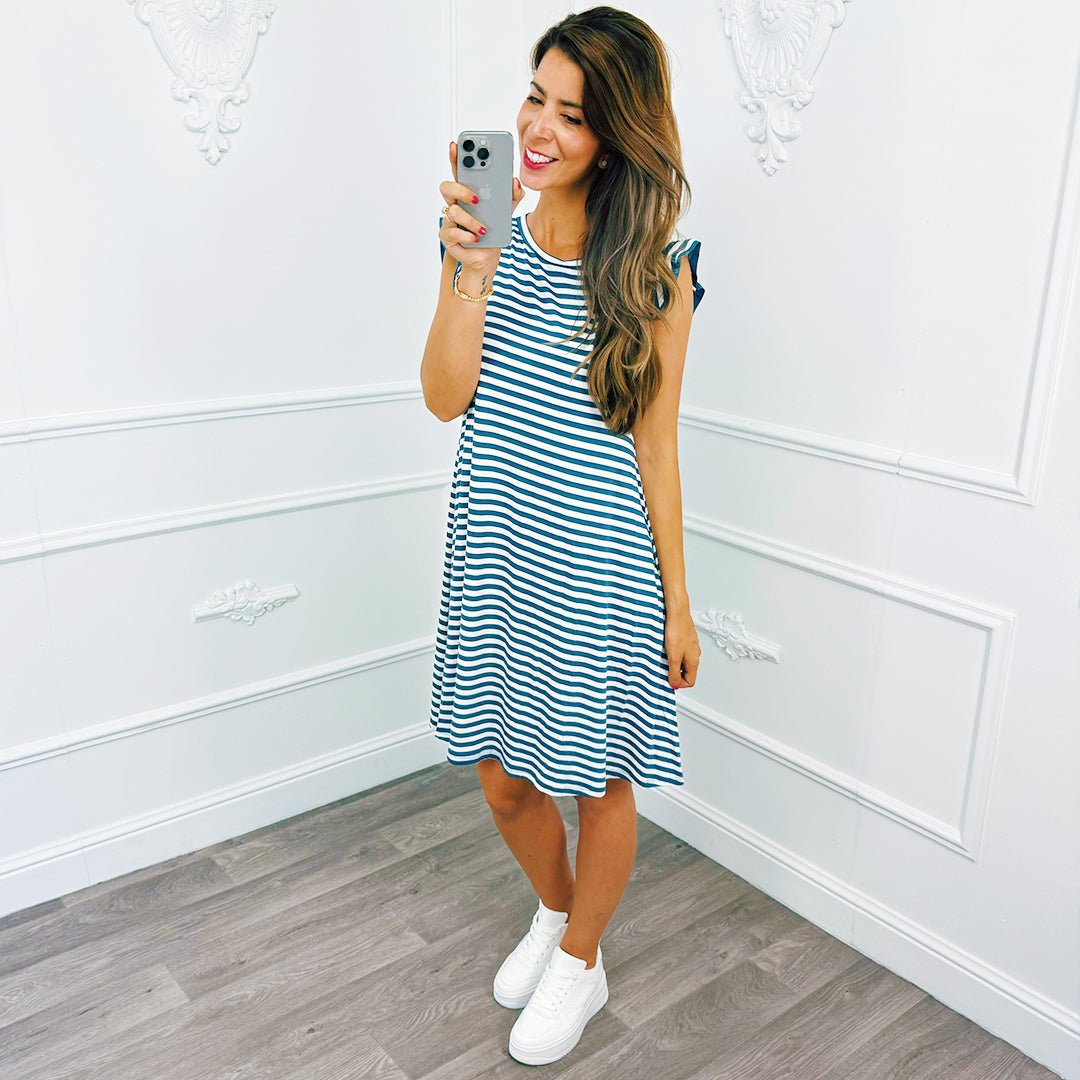 Streep Ruffel Dress Jeans Blauw - BlushFashionstore