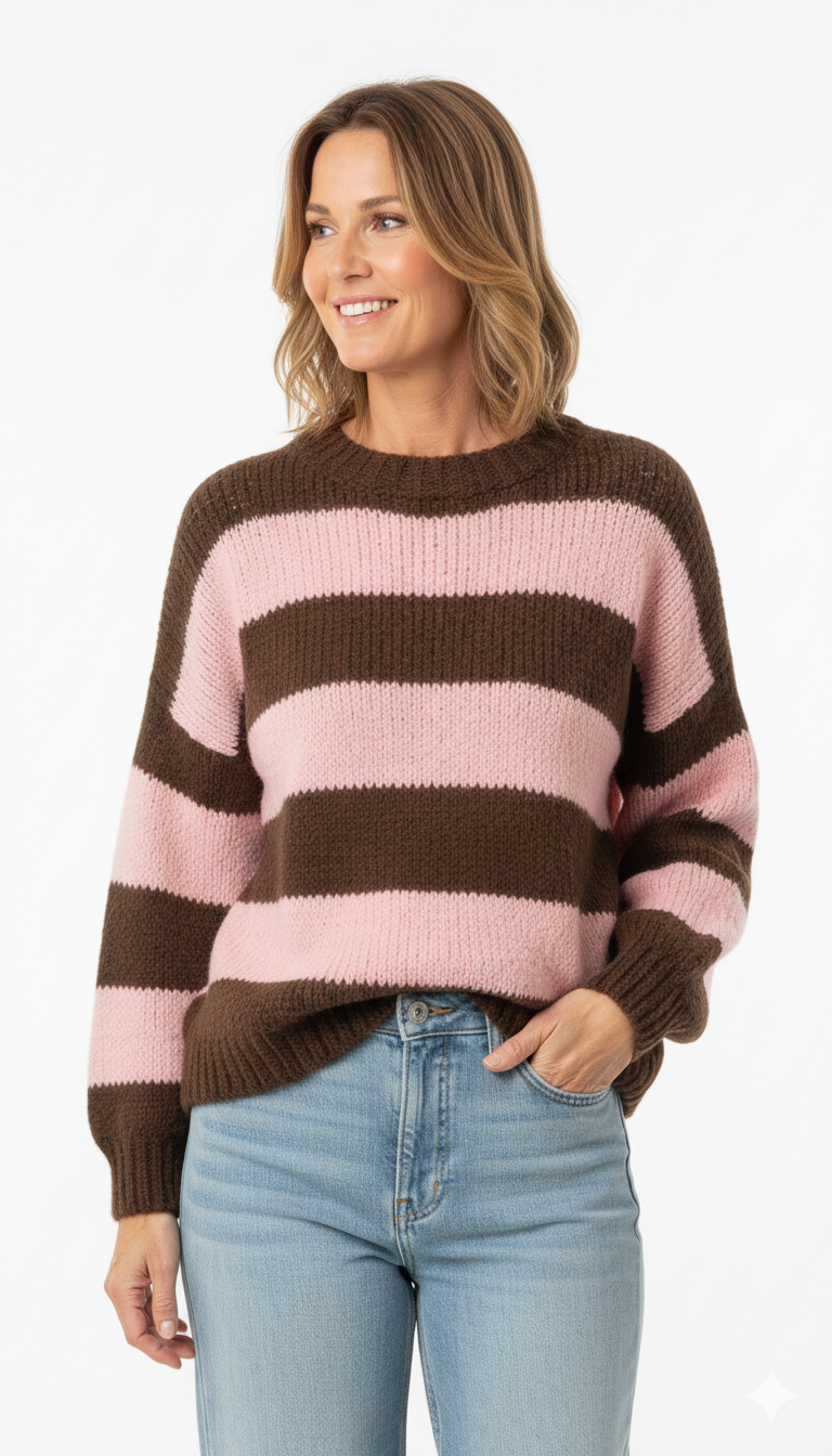 Model draagt roze-bruine gestreepte trui – zachte warme damestrui met brede strepen.