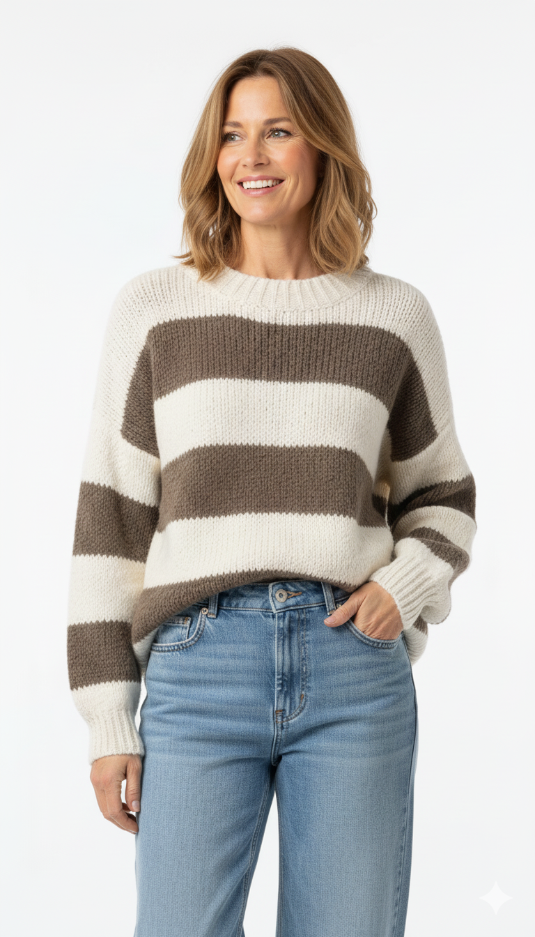 Model draagt beige-taupe gestreepte trui – zachte damestrui met brede strepen.