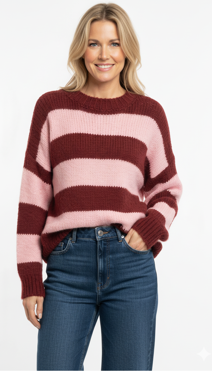 Model draagt bordeaux-roze gestreepte trui – zachte damestrui met brede strepen.