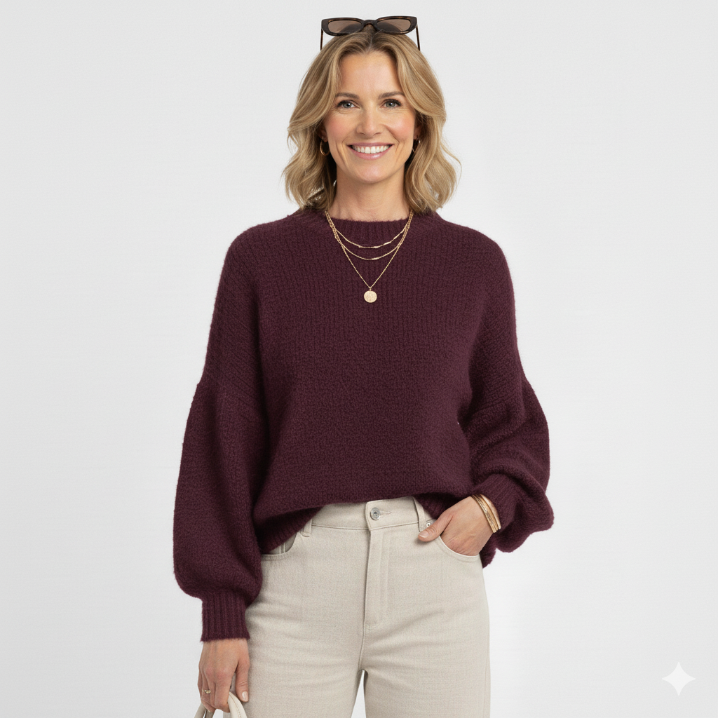 Vrouw met auberginekleurige gebreide trui met ballonmouwen – zachte luxe damestrui met ronde hals en moderne pasvorm.