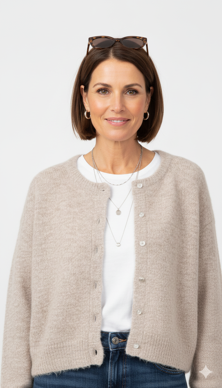 Model draagt beige fluffy vest met knopen – zacht damesvest met ronde hals.