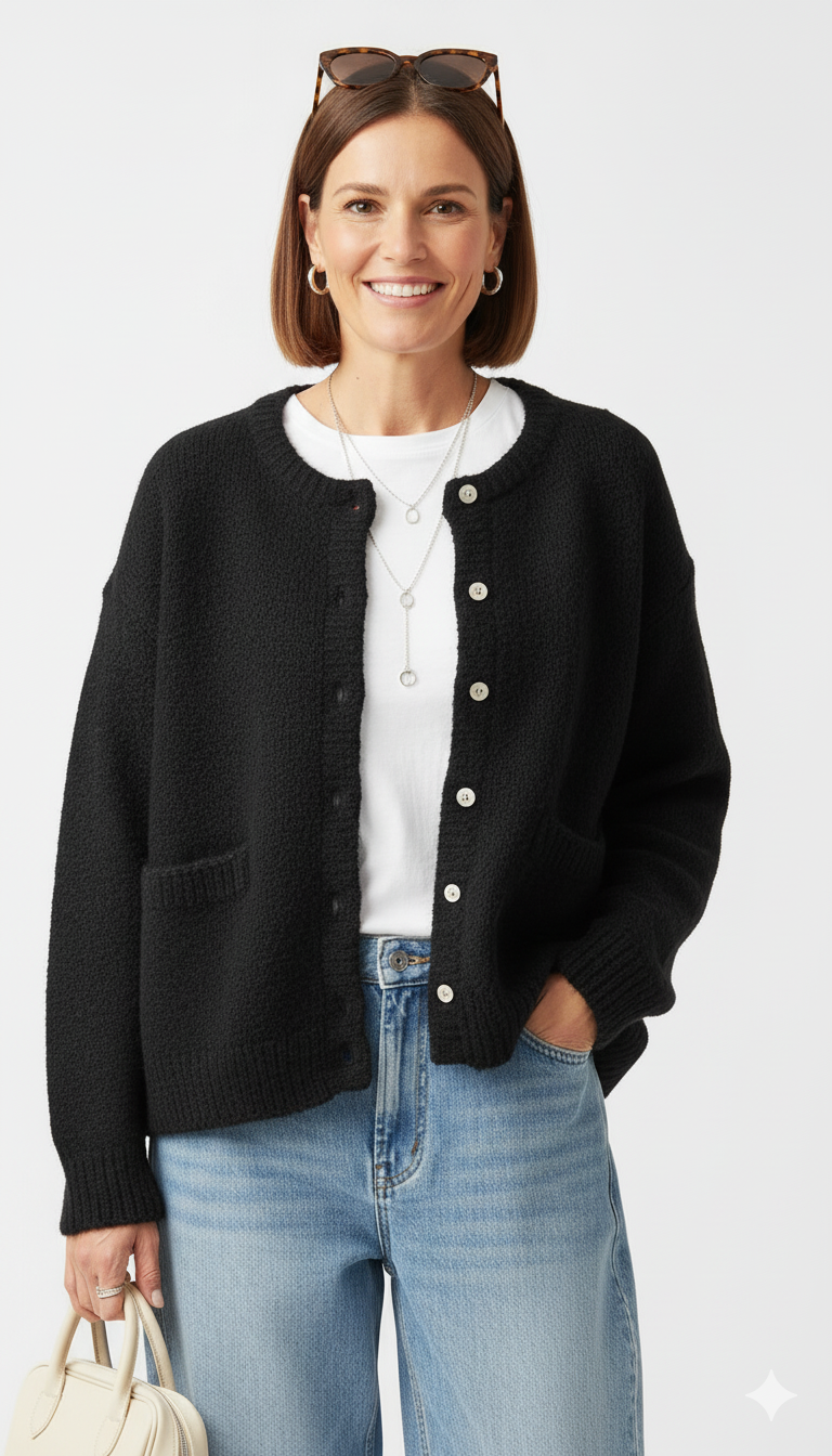 Model draagt zwart gebreid vest met knopen en zakjes – zacht fluffy damesvest.