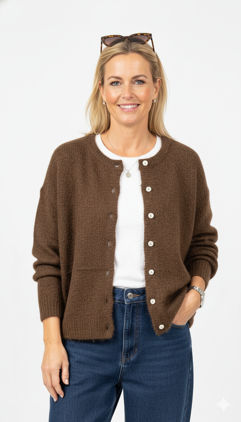 Model draagt bruin gebreid vest met knopen – zacht fluffy damesvest met lange mouwen.