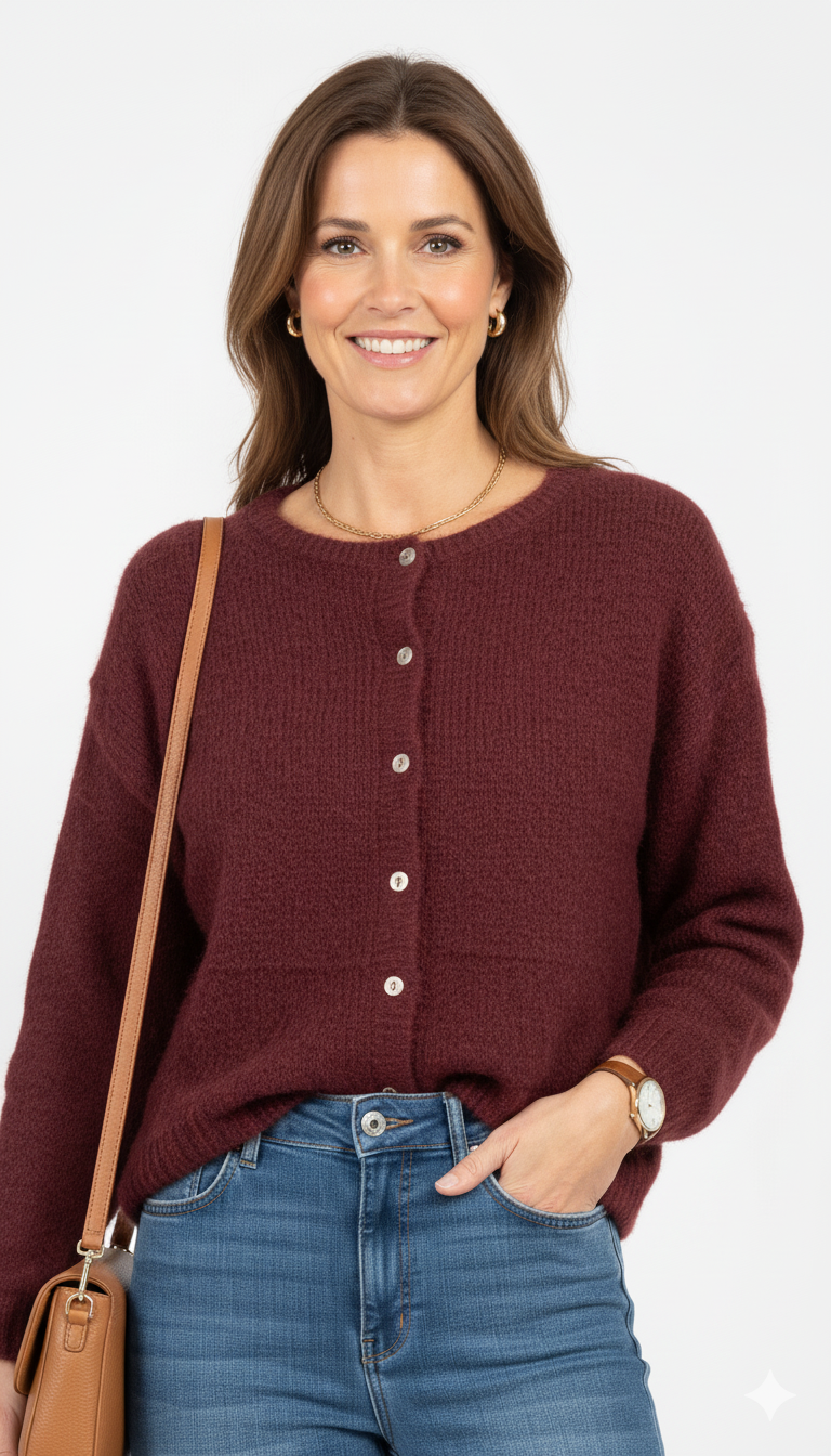 Model draagt bordeaux gebreid vest met knopen – zacht damesvest met lange mouwen.