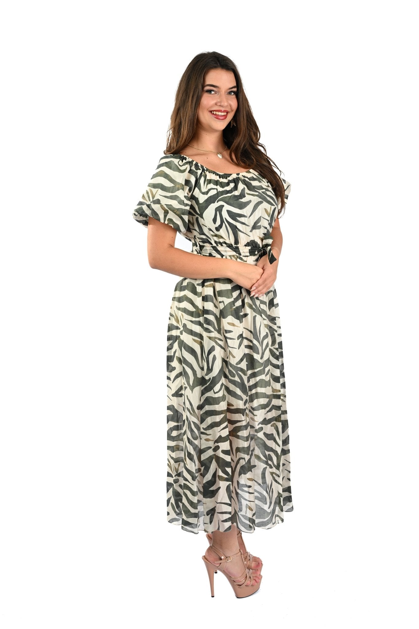 Tencel Zebra Print Crêpe Jurk – Luchtige Damesjurk in Legergroen/Wit - BlushFashionstore