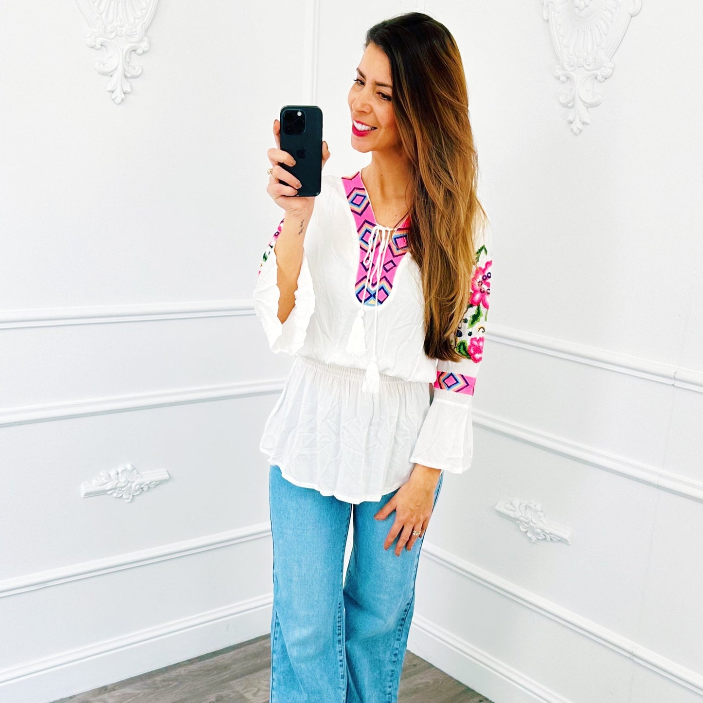 Top Aztec Bloemen Wit - BlushFashionstore