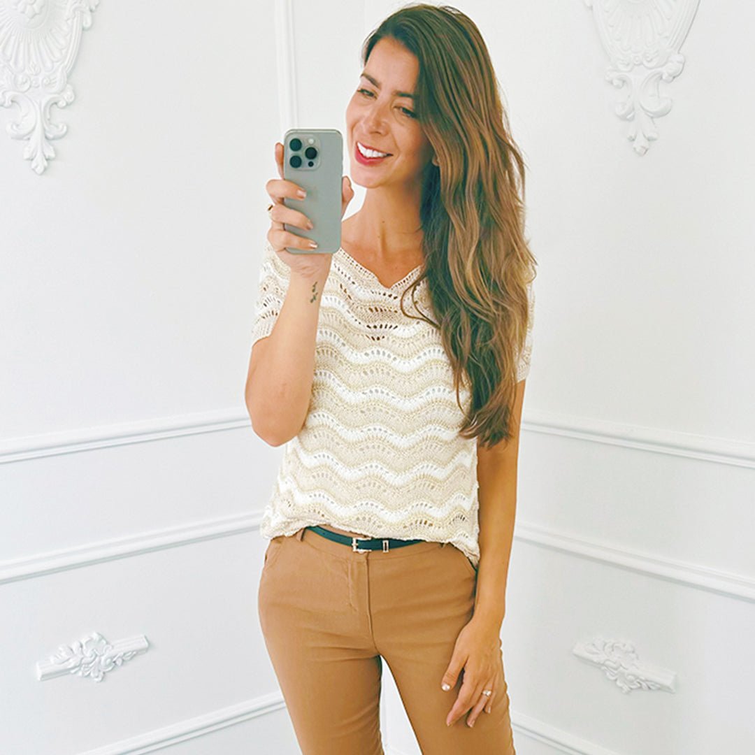 Top Knit Zigzag Lurex Beige - BlushFashionstore