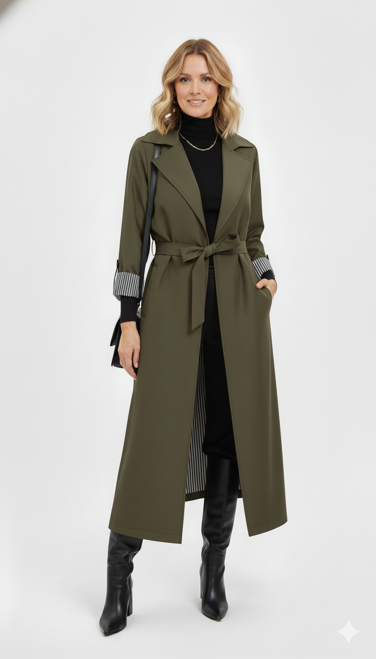 Model draagt een olijfgroene trenchcoat met ceintuur van Blushfashionstore, gecombineerd met een zwarte coltrui en laarzen.