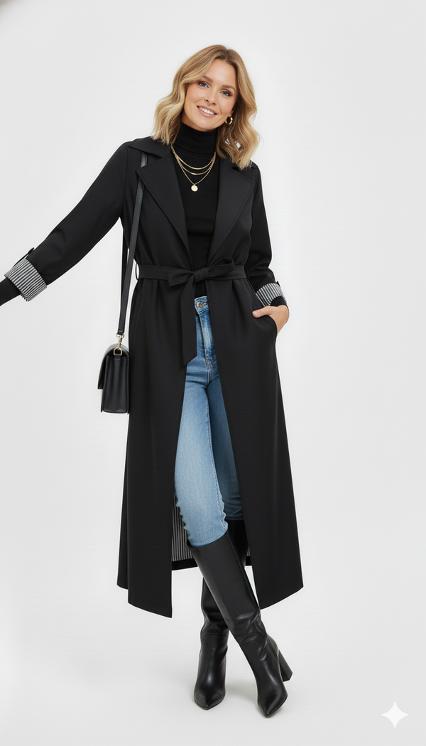 Zwarte Lange Jas met Strikceintuur – Elegante Damescoat