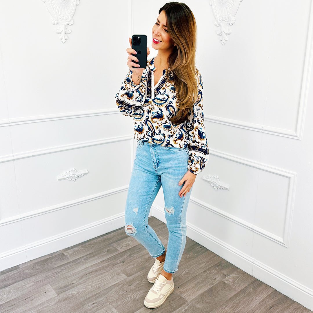 V Barok Blouse Marine Blauw - BlushFashionstore