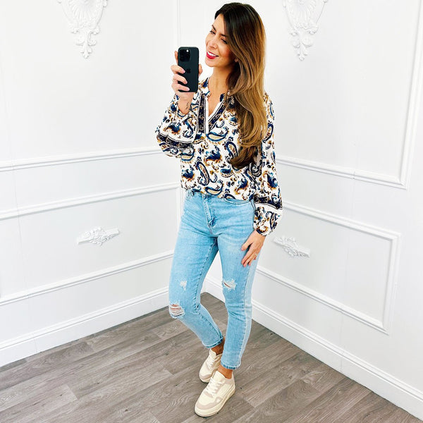 V Barok Blouse Marine Blauw - BlushFashionstore