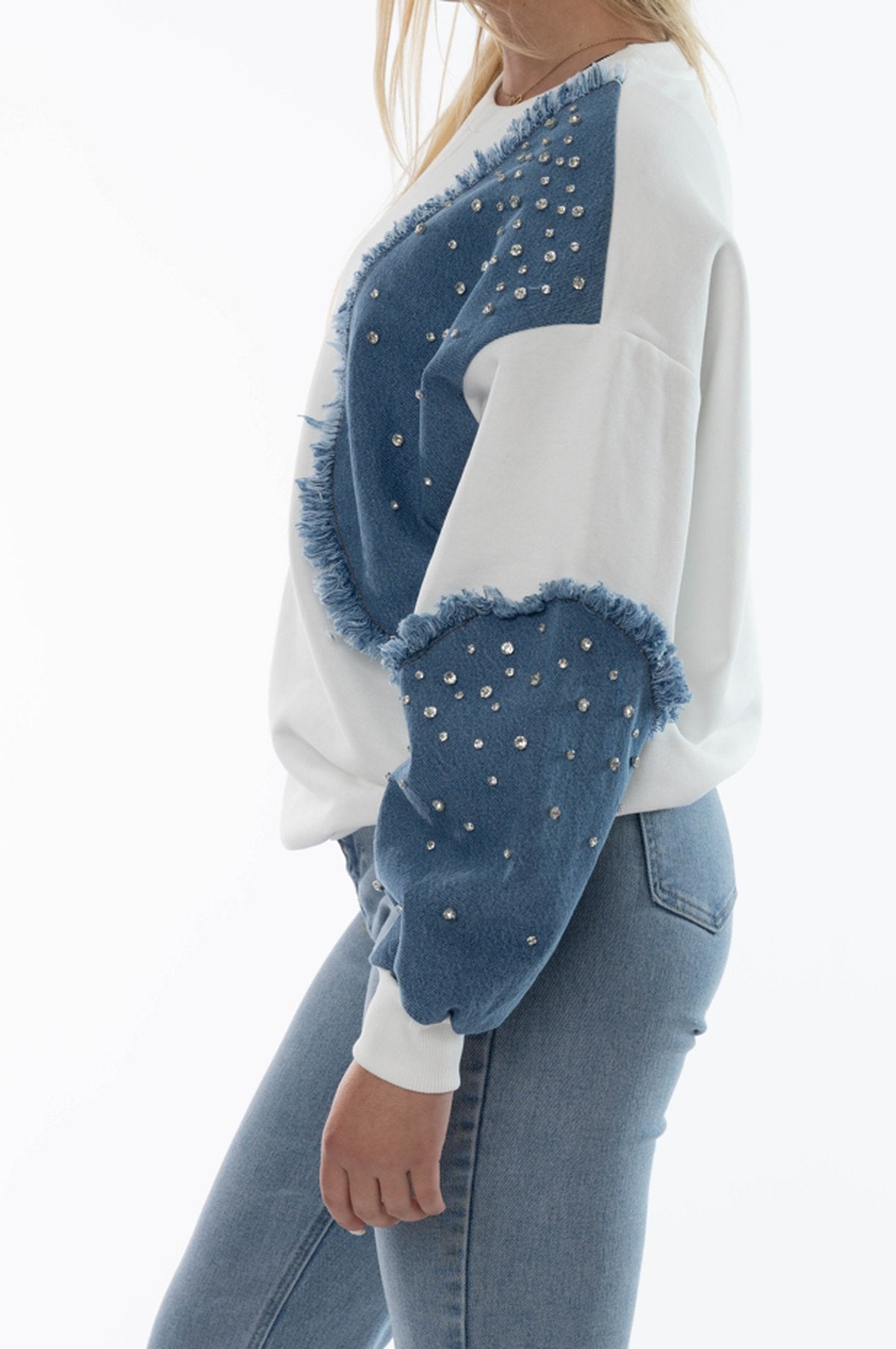 Witte dames sweater met denim en parels – Oversized streetstyle - BlushFashionstore