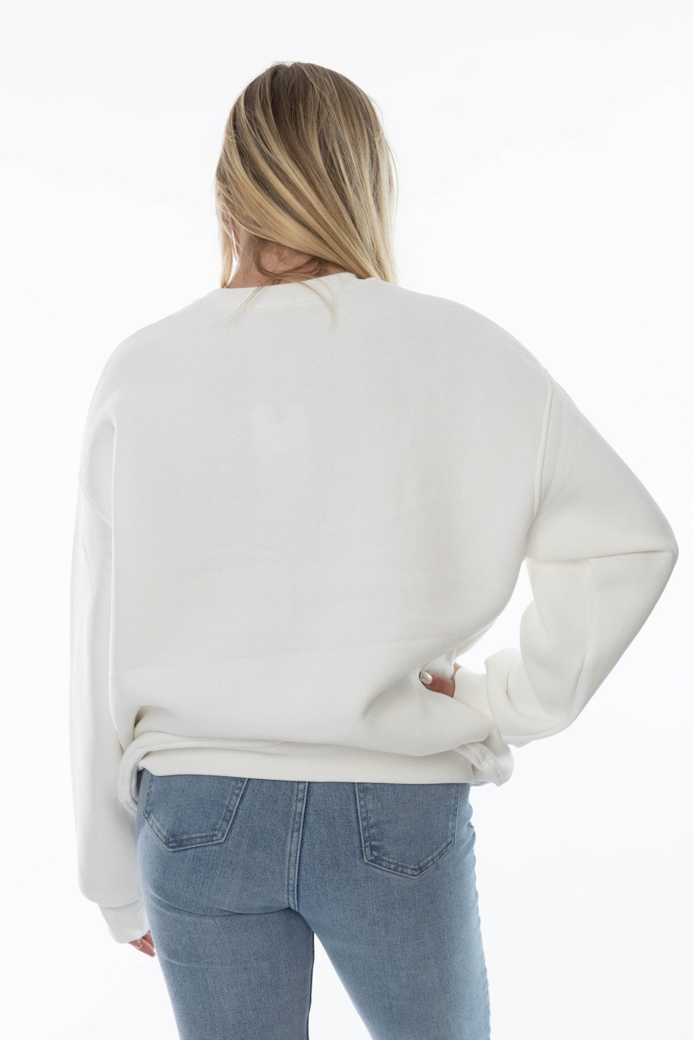Witte dames sweater met denim patch & studs – Oversized fit - BlushFashionstore