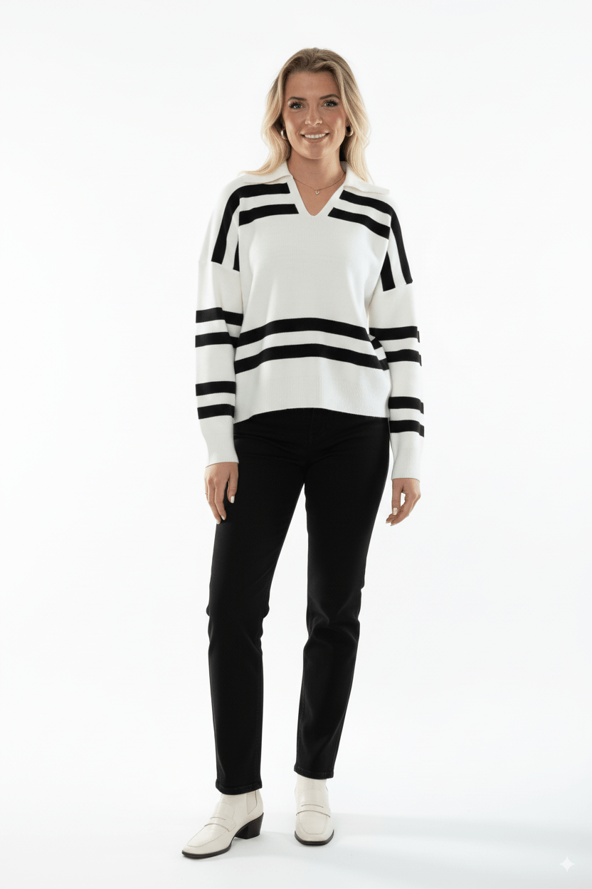 Witte Gebreide Trui met Zwarte Strepen & Kraagdetail - BlushFashionstore