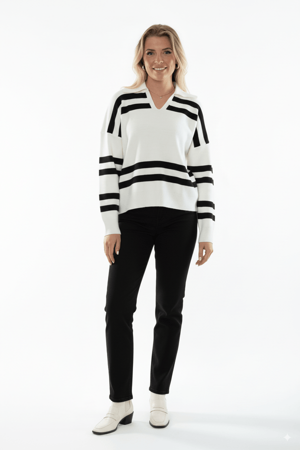Witte Gebreide Trui met Zwarte Strepen & Kraagdetail - BlushFashionstore