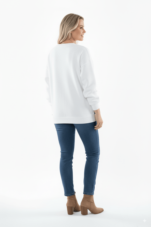 Witte Oversized Damestrui met Denim Kangoeroezak - BlushFashionstore