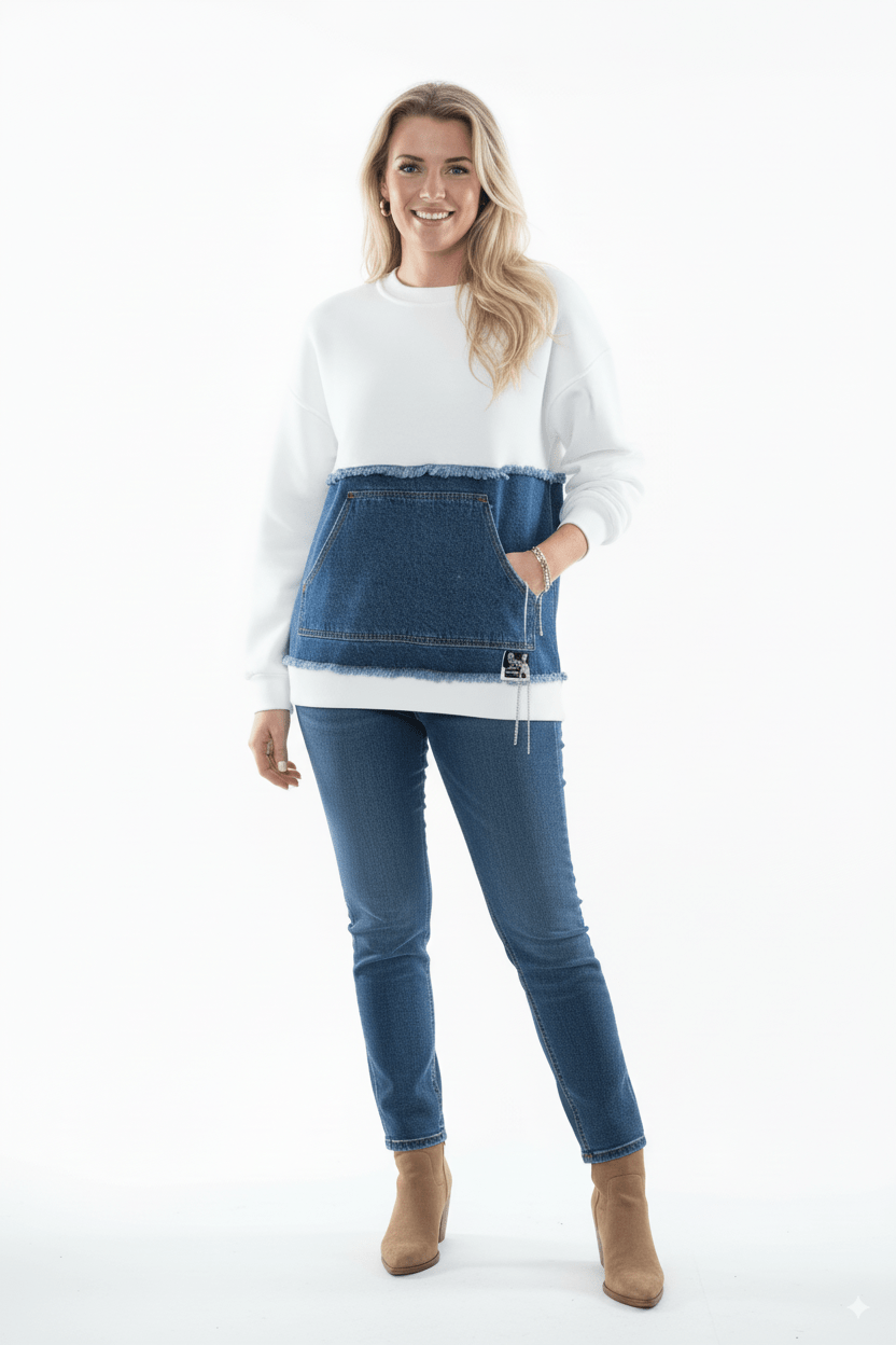 Witte Oversized Damestrui met Denim Kangoeroezak - BlushFashionstore