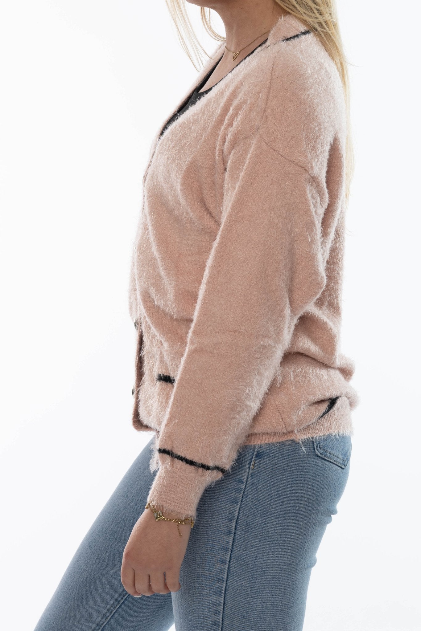 Zachtroze Vest met Zwarte Bies en Luxe Knopen - BlushFashionstore