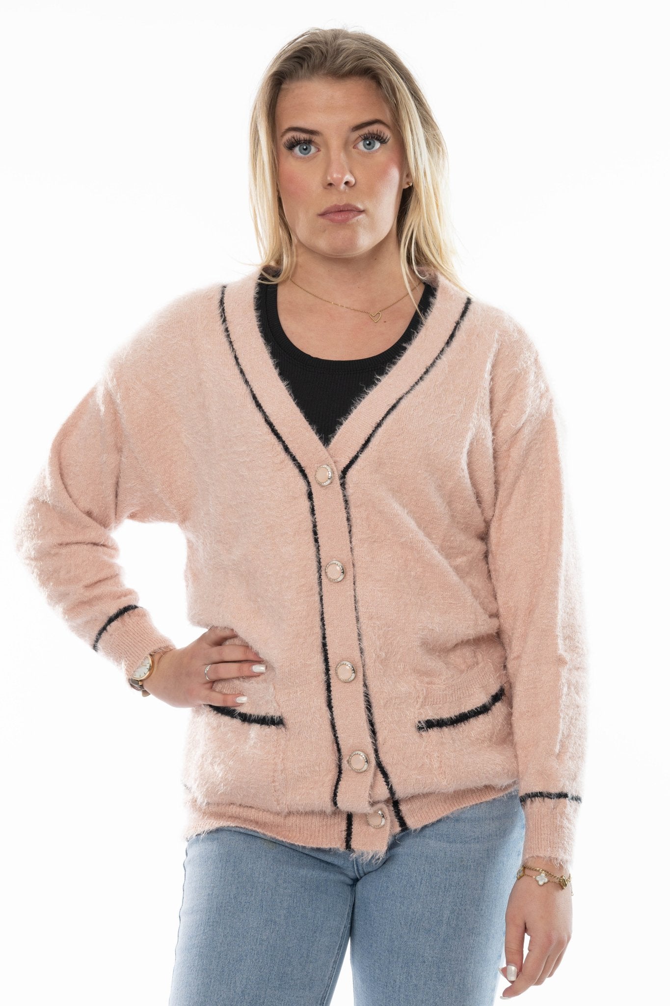 Zachtroze Vest met Zwarte Bies en Luxe Knopen - BlushFashionstore