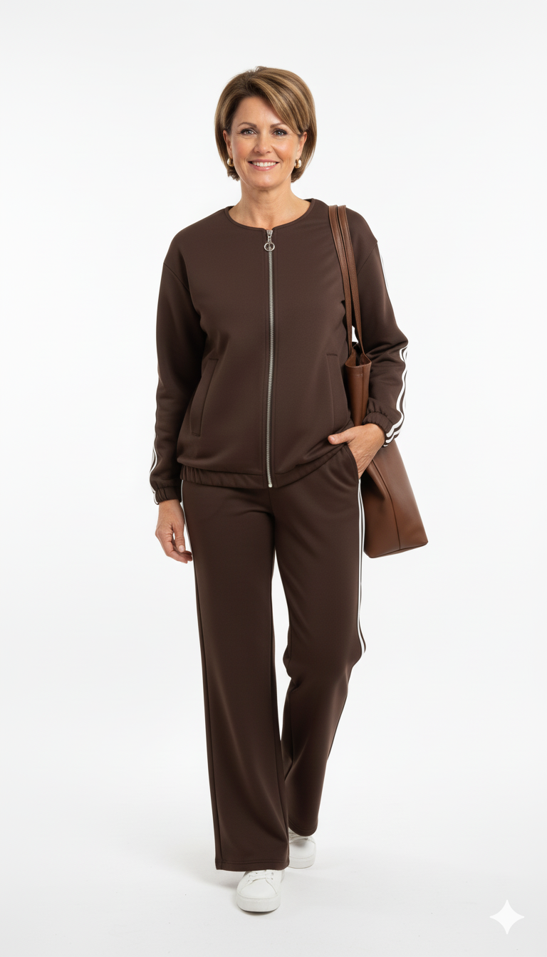 Vrouw draagt donkerbruin joggingpak met rits en witte biezen – comfortabele dames trainingsset met rechte broek en sneakers.