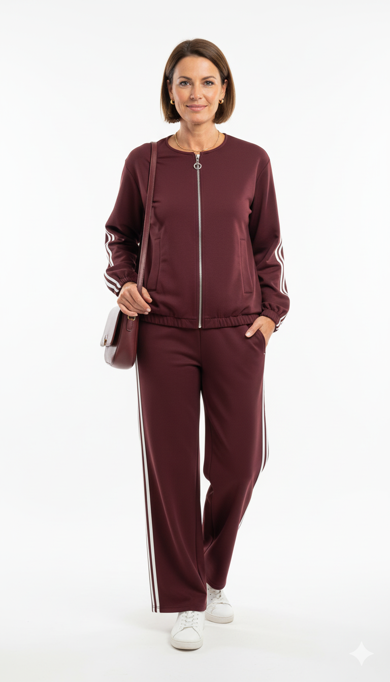 Vrouw draagt bordeaux joggingpak met rits en witte biezen – stijlvolle dames trainingsset met rechte broek en sneakers.