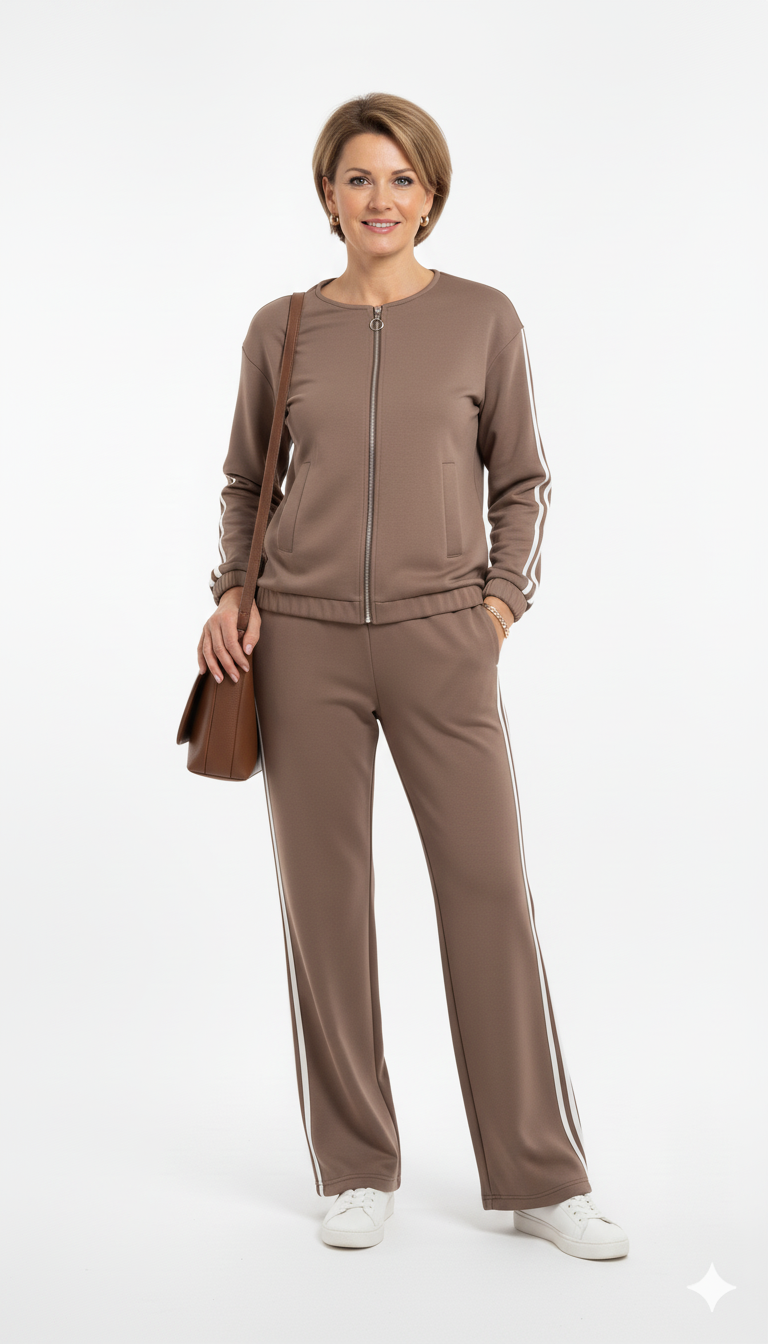 Vrouw draagt taupe joggingpak met rits en witte biezen – comfortabele dames trainingsset met lange broek en sneakers.