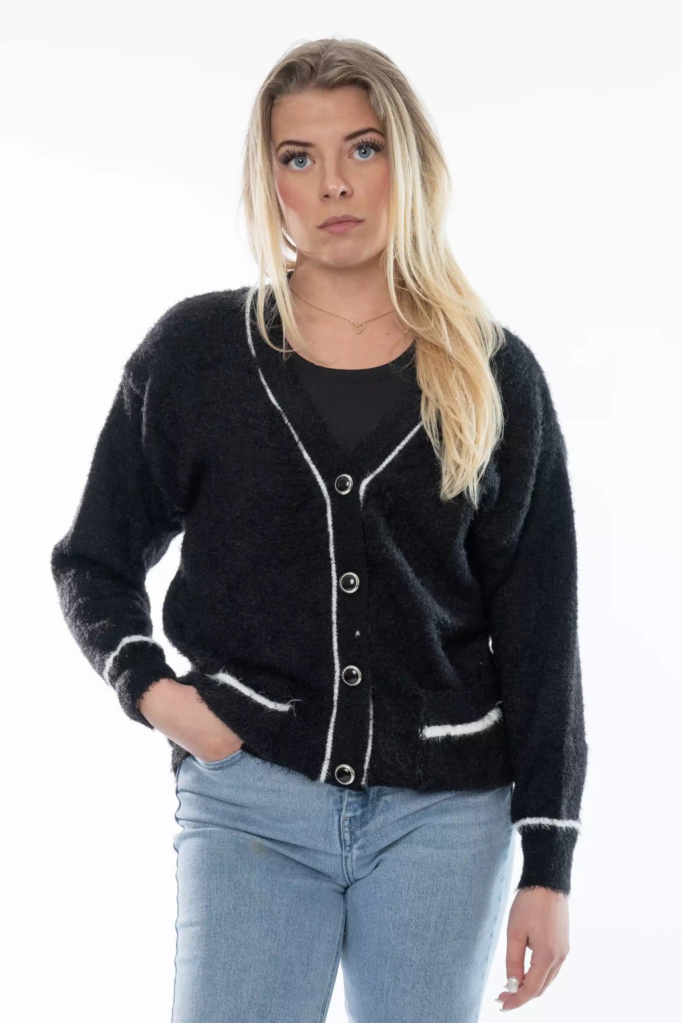 Zwart Vest met Witte Bies en Zakdetails - BlushFashionstore