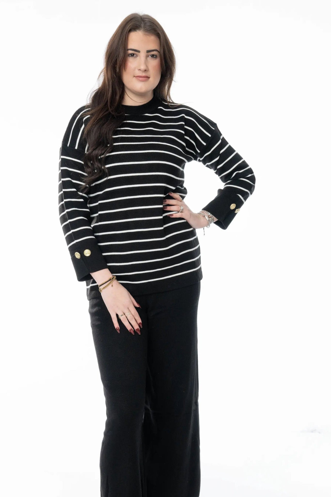 Zwart - Wit Gestreept Vest met Goudkleurige Knopen co - ord set Pak - BlushFashionstore