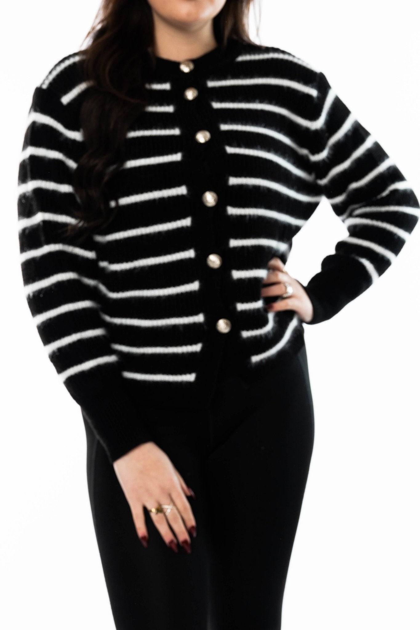 Zwart - Wit Gestreept Vest met Goudkleurige Knopen co - ord set Pak - BlushFashionstore
